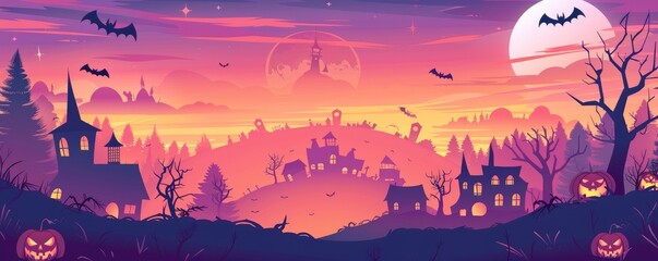 Halloween pumpkins and spooky houses on a purple pink sky in a simple cartoon style.