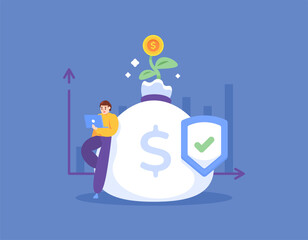defensive stock investment concept. choosing stocks that tend to be stable to invest in. safe and profitable investment. illustration of an investor with a shield and a bag of investment money. flat