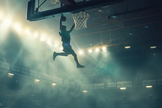Dynamic athlete makes impressive basketball slam dunk in a dramatic arena. Ideal for sports promotions. This high-energy, action-packed image captures athletic prowess. Generative AI