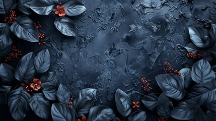 An elegant wallpaper design featuring a black background with a bunch of leaves and flowers