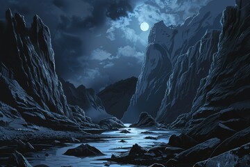 Mystical moonlit mountain landscape with river flowing through valley