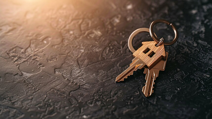 A silver key with a wooden house-shaped keychain is lying on a dark textured surface.
