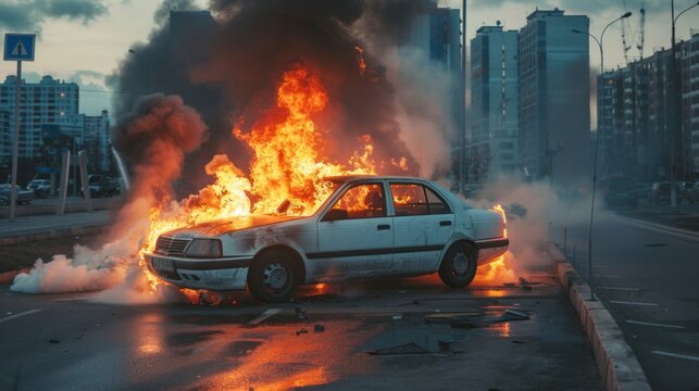 A car is on fire on a street