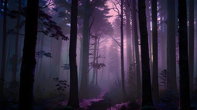 A serene twilight forest background with deep blue 