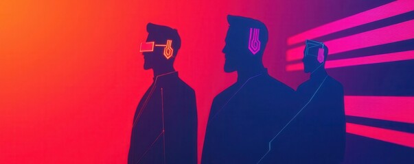 Obraz premium Futuristic characters with neon accessories, geometric shadows, visiting digital attractions, high contrast, sci-fi elements