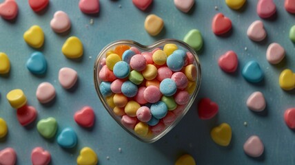 Image is a still life photograph featuring a clear glass jar filled with pastel-colored heart-shaped candies. The candies come in soft hues of pink, yellow, blue, and green