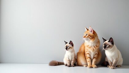 Three cats of different breeds on a light background. The contrast in colors and sizes creates a harmonious composition. The cats sit upright, showcasing characteristic features of their breeds.