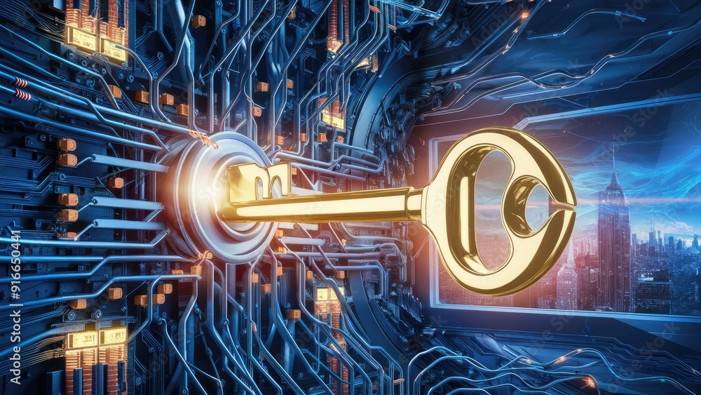 Aufkleber 3d illustration of a key unlocking a data network