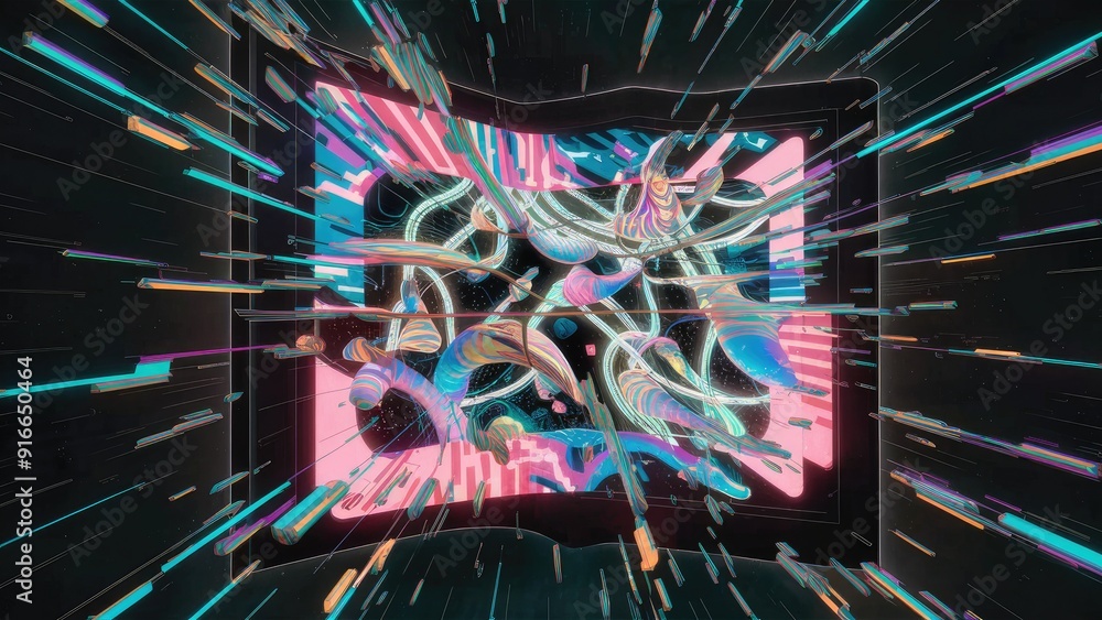 Poster abstract representation of a malfunctioning digital display featuring vibrant distortions and glitch