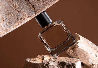 Perfume  transparent bottle is enclosed between stones on brown background.