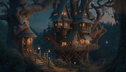 Obraz premium Beautiful fairytale treehouse village. Surreal mystical fantasy artwork