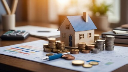 House Model with Coins and a Pen on a Graph