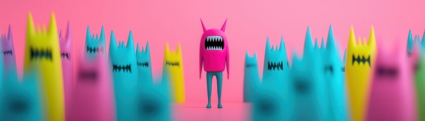 Surreal depiction of abstract characters, shadows blending, exploring dreamlike attractions, psychedelic colors, high detail