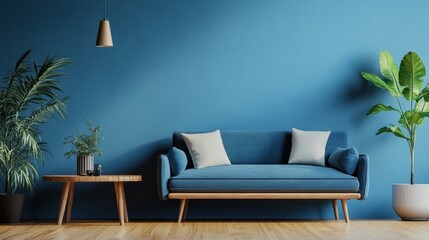 Minimalist Living Room with Blue Sofa and Plants