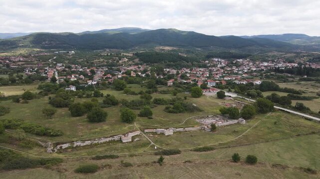 Aerial view of ruins of ancient Roman city Nicopolis ad Nestum near town of Garmen, Blagoevgrad Region, Bulgaria