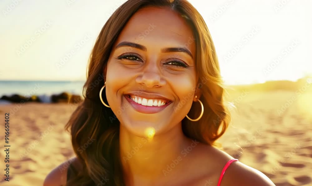 Canvas Prints portrait of smiling woman looking at camera while standing on sandy beach