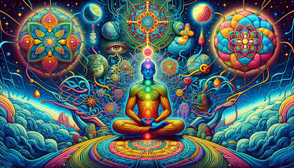 Fototapeta premium Buddha, Zeichnung mit Symbolen und Elementen