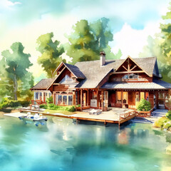 Obraz premium Beautiful serene vacation lake house, watercolor painting, Generative AI