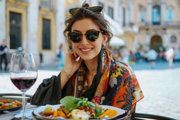 Stylish woman in sunglasses dining outdoors with a vibrant scarf, enjoying food and wine in a charming city square. Lifestyle and travel concept captured beautifully. Generative AI