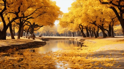 Autumn scenes of trees in yellow hues 