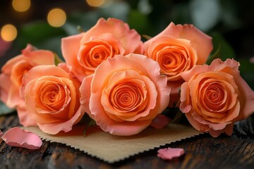 Obraz premium A bouquet of peach-colored roses placed on a rustic wooden surface, with soft lighting highlighting the delicate petals, surrounded by blurred background bokeh.