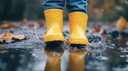 Yellow Boots Splashing in Puddle