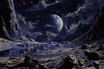 Mystical landscape with a full moon rising over a mountain range
