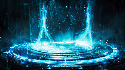 Digital artwork featuring a futuristic, blue circular platform emanating particles