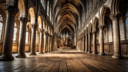 Obraz premium Inside of an ancient gothic cathedral with wooden floor and carved stone columns