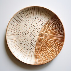 Decorative ceramic painted plate, handmade, isolated, closeup top view.