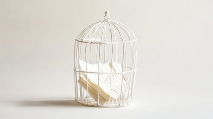 White paper folded inside a small cage with a pure white background, emphasizing entrapment