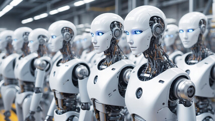 Fototapeta premium Futuristic sci-fi image depicting a row of humanoid robots in a factory