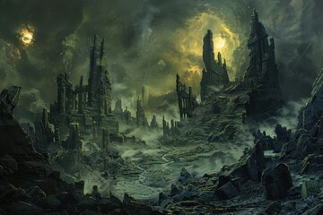 Ancient Alien City Ruins Under Moonlight