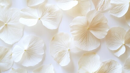 Pressed hydrangea petals fanned out on a white surface, creating a simple and elegant pattern
