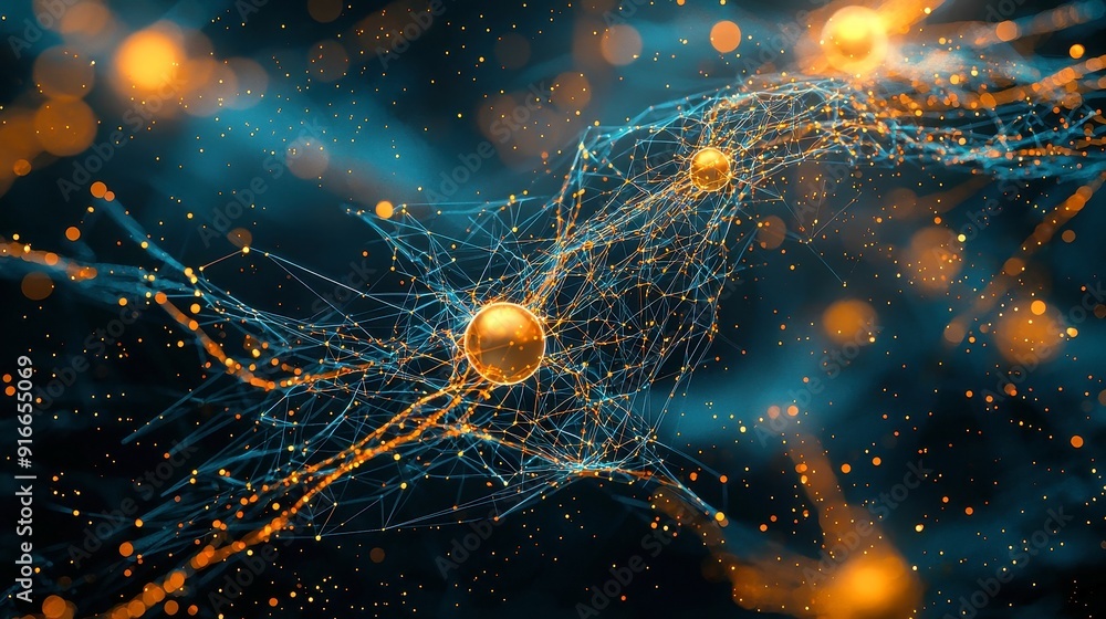 Poster abstract technology background showcasing interconnected particles, a cyber network grid, global dat