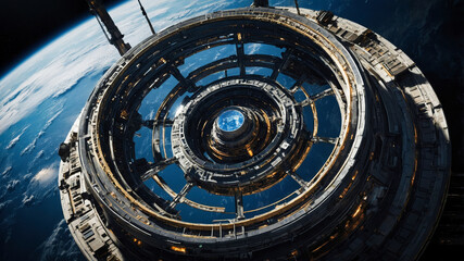 Obraz premium A futuristic space station orbiting Earth