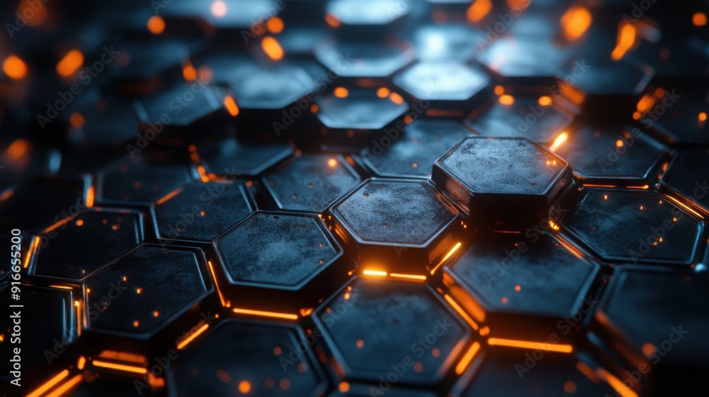 Aufkleber 3d rendering of carbon hexagonal structure with blue and orange light, futuristic background for ene