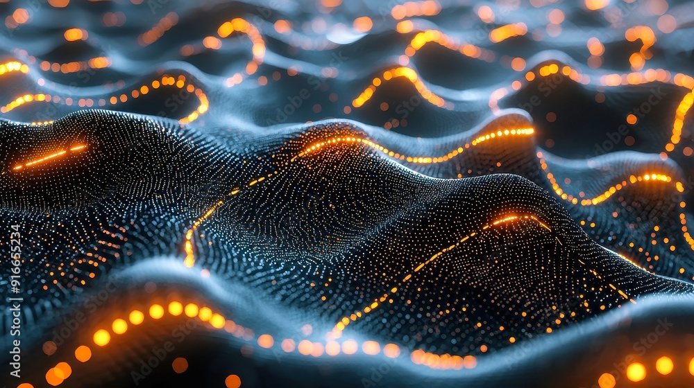 Poster abstract neural network visualization, intricate network of glowing nodes interconnected by bright l