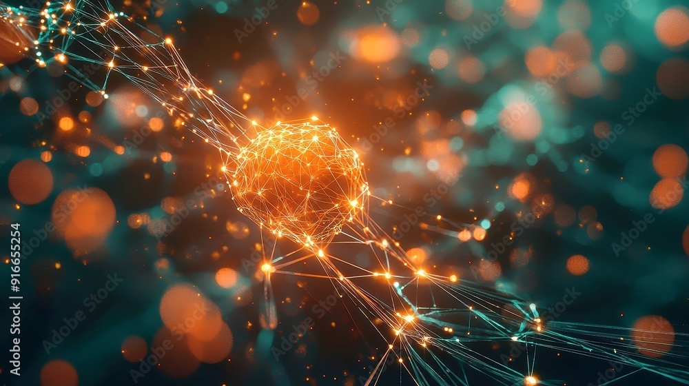 Poster abstract neural network visualization, vibrant glowing nodes interconnected in a complex web, repres