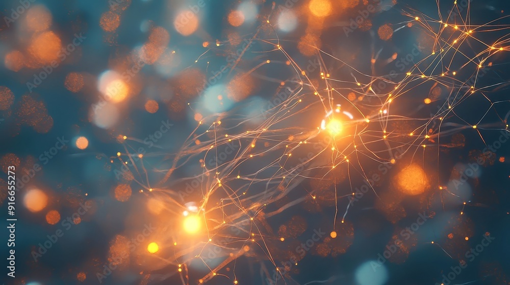 Poster abstract neural network visualization, vibrant glowing nodes interconnected in a dynamic pattern, re