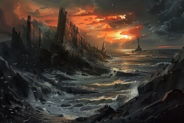 Dark Fantasy Landscape with Towering Cliffs and a Raging Sea