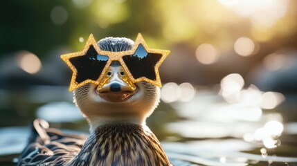 Duck wearing star-shaped sunglasses, bringing a touch of whimsy to the natural setting.