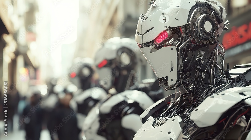 Poster cyborg collective in urban landscape, a dynamic assembly of advanced robots navigating the vibrant c