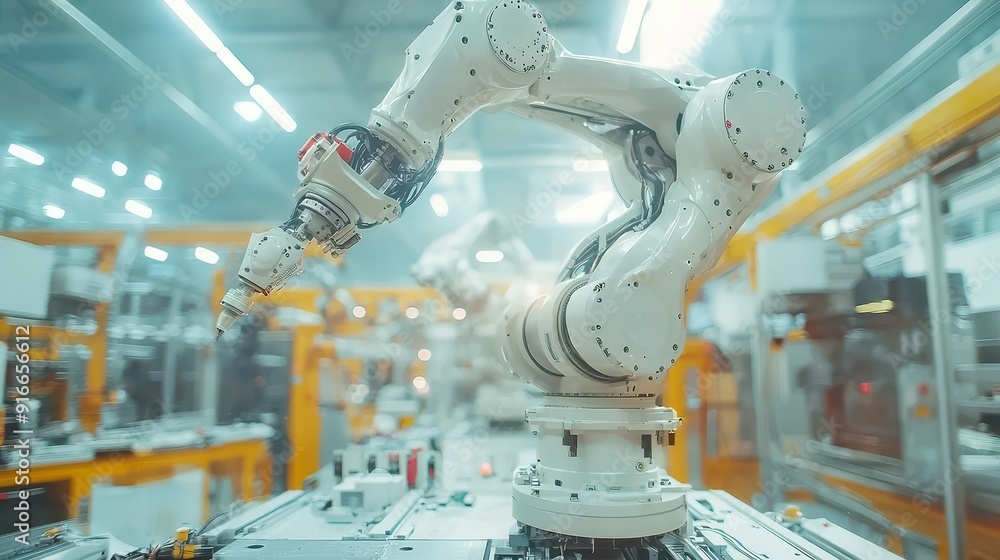 Poster engineered precision, experts control industrial robot arms with cyber robot software, utilizing int