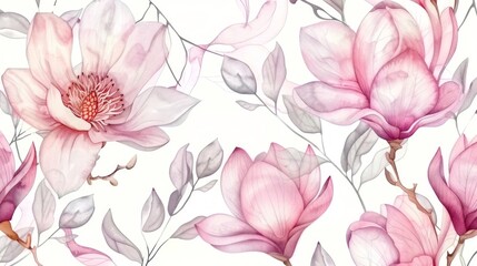 Seamless pattern with watercolor pink magnolia flowers and leaves on a white background.