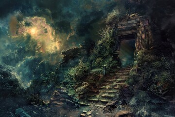 Mysterious overgrown ruins of an ancient temple bathed in moonlight
