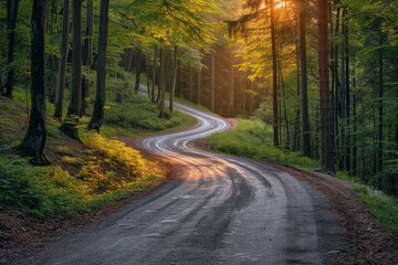 Fototapeta premium The sunlight is filtering through the branches of trees along a dusty road