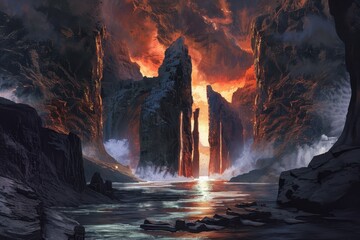 Molten Chasm's Fiery Eruption Overlooks Desolate Volcanic River