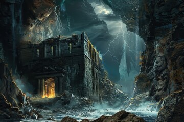 Ancient temple ruins in a stormy mountain valley with waterfalls