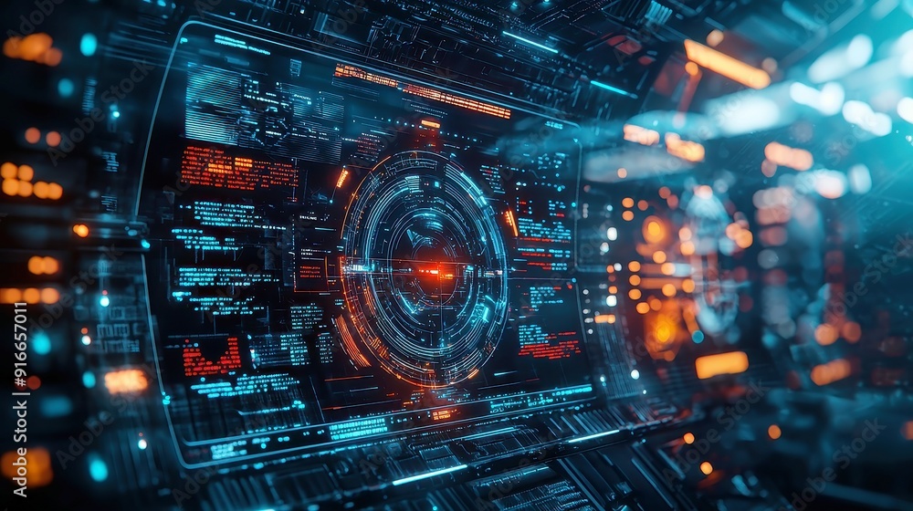 Poster futuristic digital interface, an advanced digital display featuring intricate data visualizations an